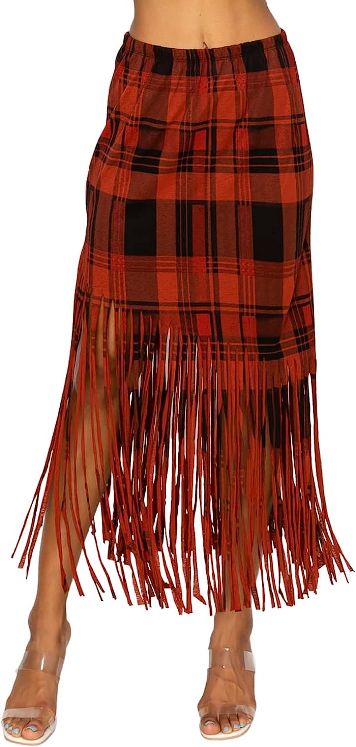 EUNANARA Women’s Asymmetrical Fringe Skirts – High Waisted Elastic Waist Printed Boho Stretch Casual Midi Skirt Made in USA - Image 2